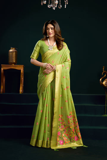 Monjolika Fashion Light Green Cotton Blend Saree with Floral Meenakari Pallu and Gold Zari Border - Dista