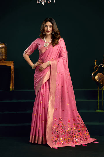 Monjolika Fashion Pink Cotton Blend Saree with Floral Meenakari Pallu and Gold Zari Border - Dista