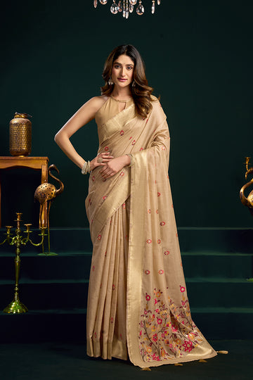 Monjolika Fashion Beige Cotton Blend Saree with Floral Meenakari Pallu and Gold Zari Border - Dista