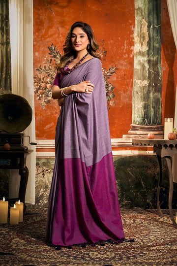 Monjolika Fashion Lavender Cotton Blend Saree with Contrast Pallu & Unstiched Blouse Piece - Dista