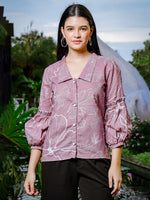 Thumbnail for Yufta Mauve Cotton Linen Puff Sleeve Shirt Shirt Style Top - Distacart