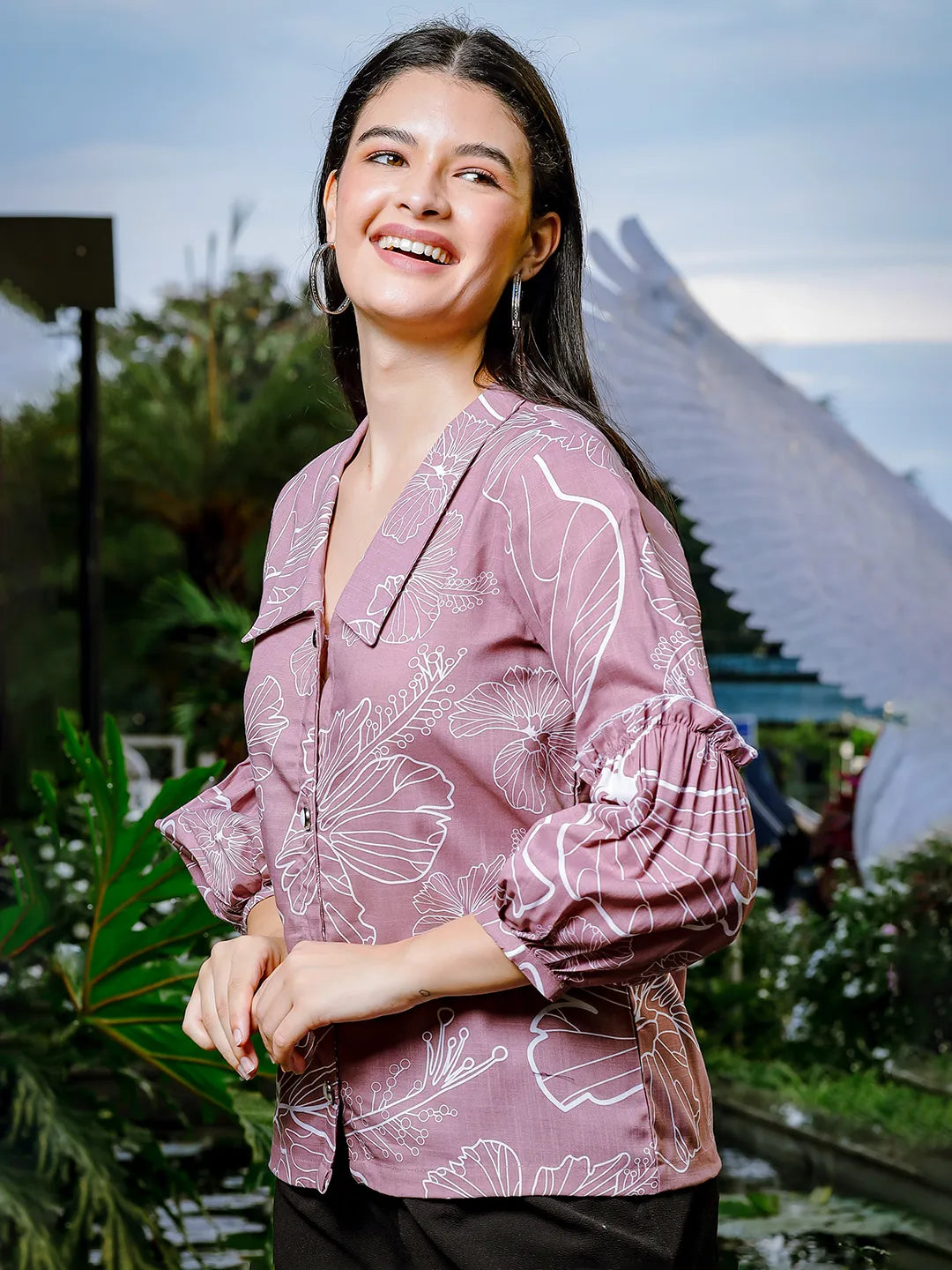 Yufta Mauve Cotton Linen Puff Sleeve Shirt Shirt Style Top - Distacart