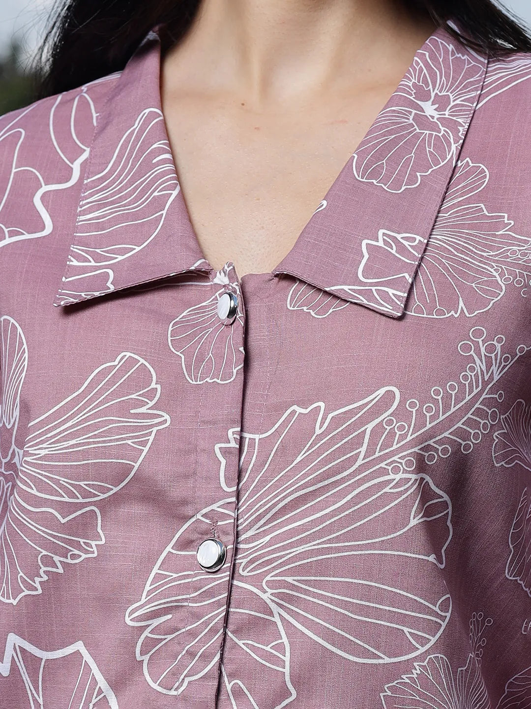Yufta Mauve Cotton Linen Puff Sleeve Shirt Shirt Style Top - Distacart