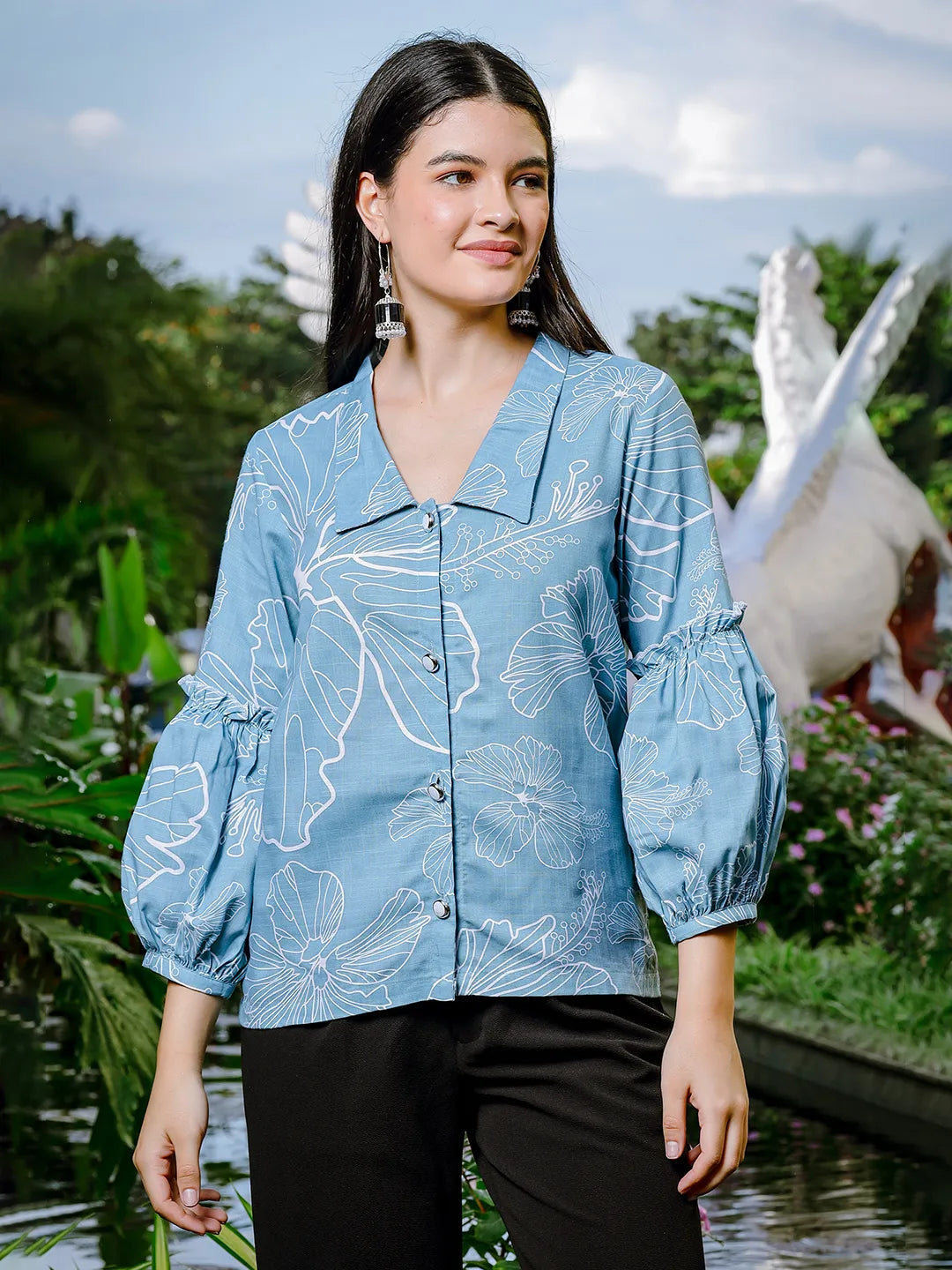 Yufta Sky Blue Cotton Linen Puff Sleeve Shirt Style Top - Distacart