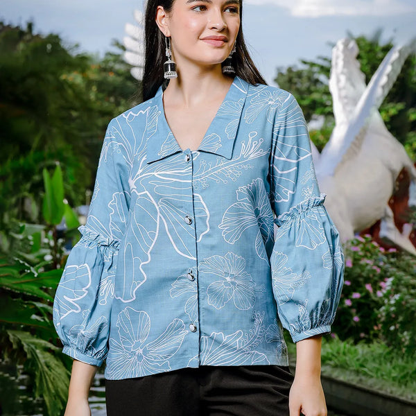 Yufta Sky Blue Cotton Linen Puff Sleeve Shirt Style Top - Distacart