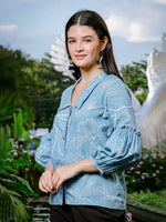 Thumbnail for Yufta Sky Blue Cotton Linen Puff Sleeve Shirt Style Top - Distacart
