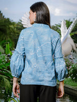 Thumbnail for Yufta Sky Blue Cotton Linen Puff Sleeve Shirt Style Top - Distacart