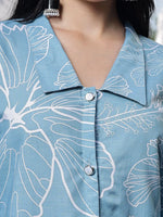 Thumbnail for Yufta Sky Blue Cotton Linen Puff Sleeve Shirt Style Top - Distacart
