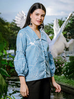 Thumbnail for Yufta Sky Blue Cotton Linen Puff Sleeve Shirt Style Top - Distacart