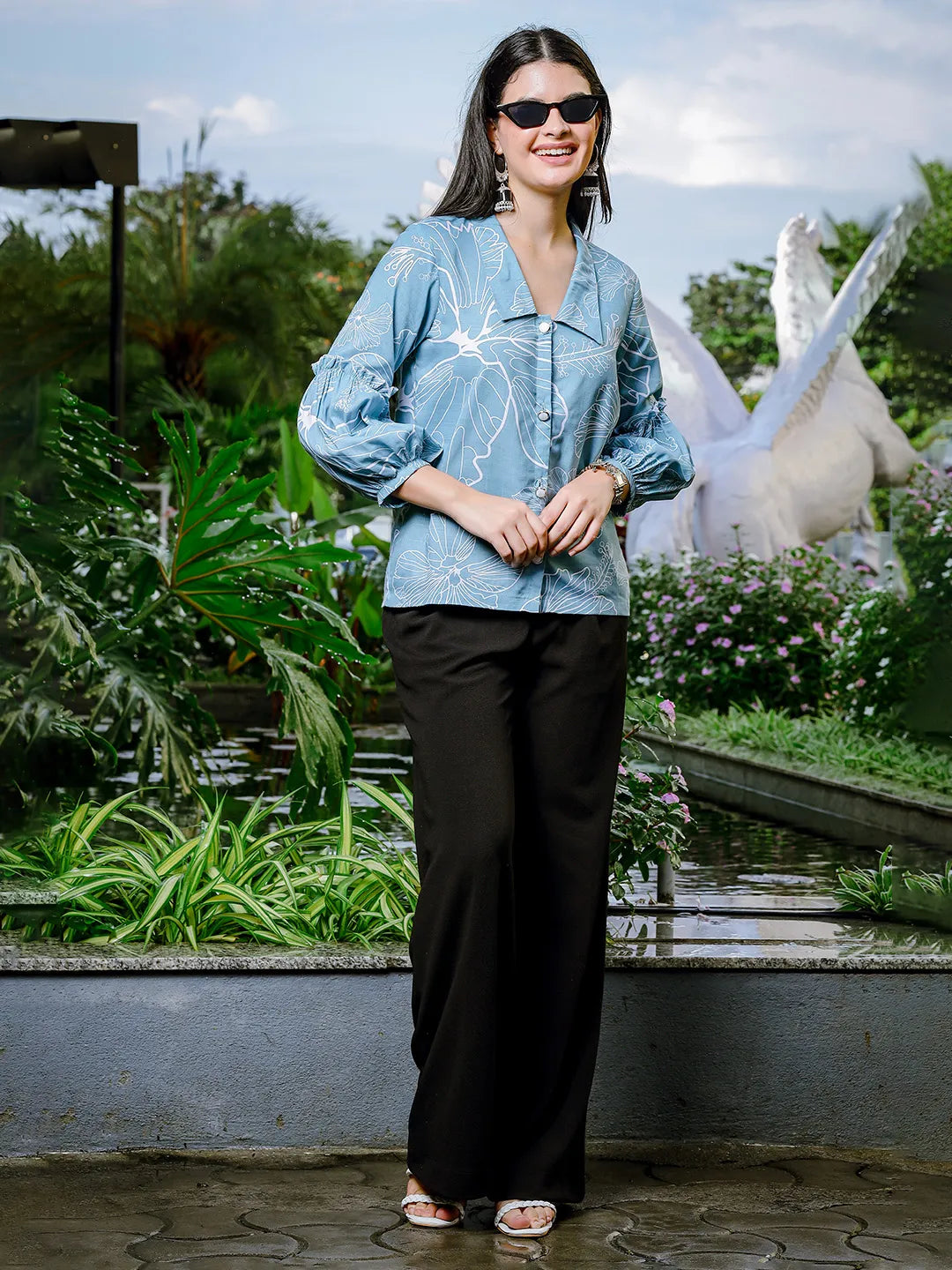 Yufta Sky Blue Cotton Linen Puff Sleeve Shirt Style Top - Distacart