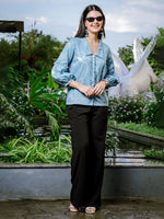 Thumbnail for Yufta Sky Blue Cotton Linen Puff Sleeve Shirt Style Top - Distacart