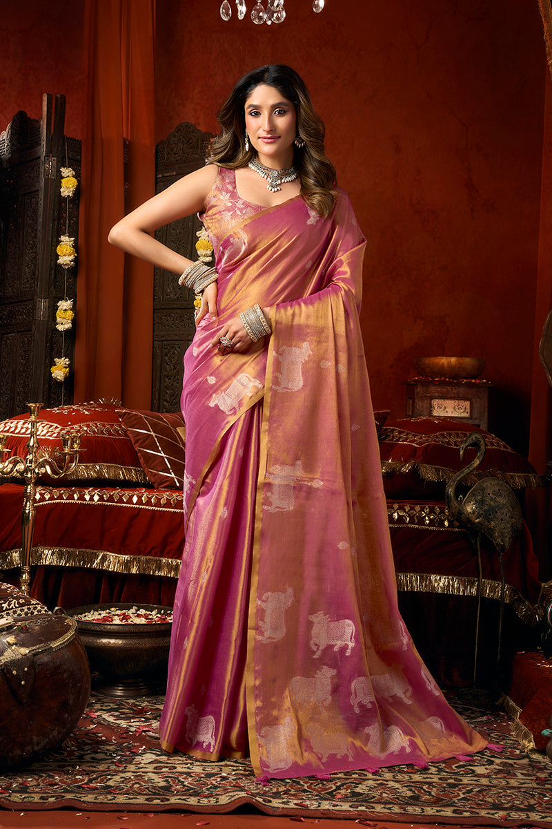 Monjolika Fashion Pink Tissue Silk Blend Saree With Cow Butta weaving work - Dista