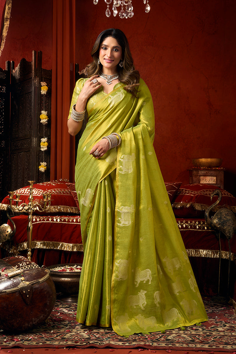 Monjolika Fashion Lime Green Tissue Silk Blend Saree With Cow Butta weaving work - Dista