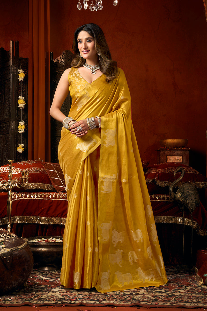 Monjolika Fashion Mustard Tissue Silk Blend Saree With Cow Butta weaving work - Dista