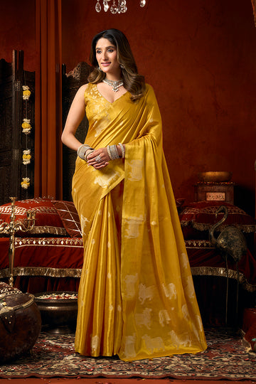 Monjolika Fashion Mustard Tissue Silk Blend Saree With Cow Butta weaving work - Dista