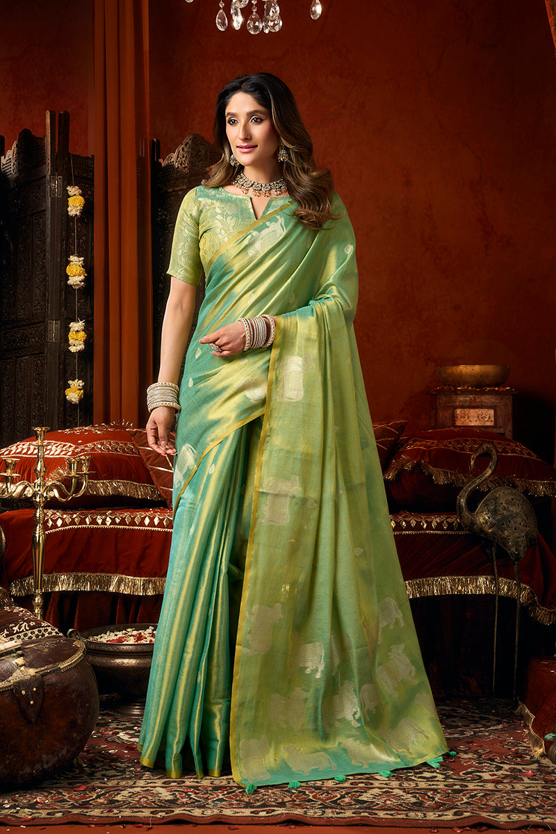 Monjolika Fashion Sea Green Tissue Silk Blend Saree With Cow Butta weaving work - Dista