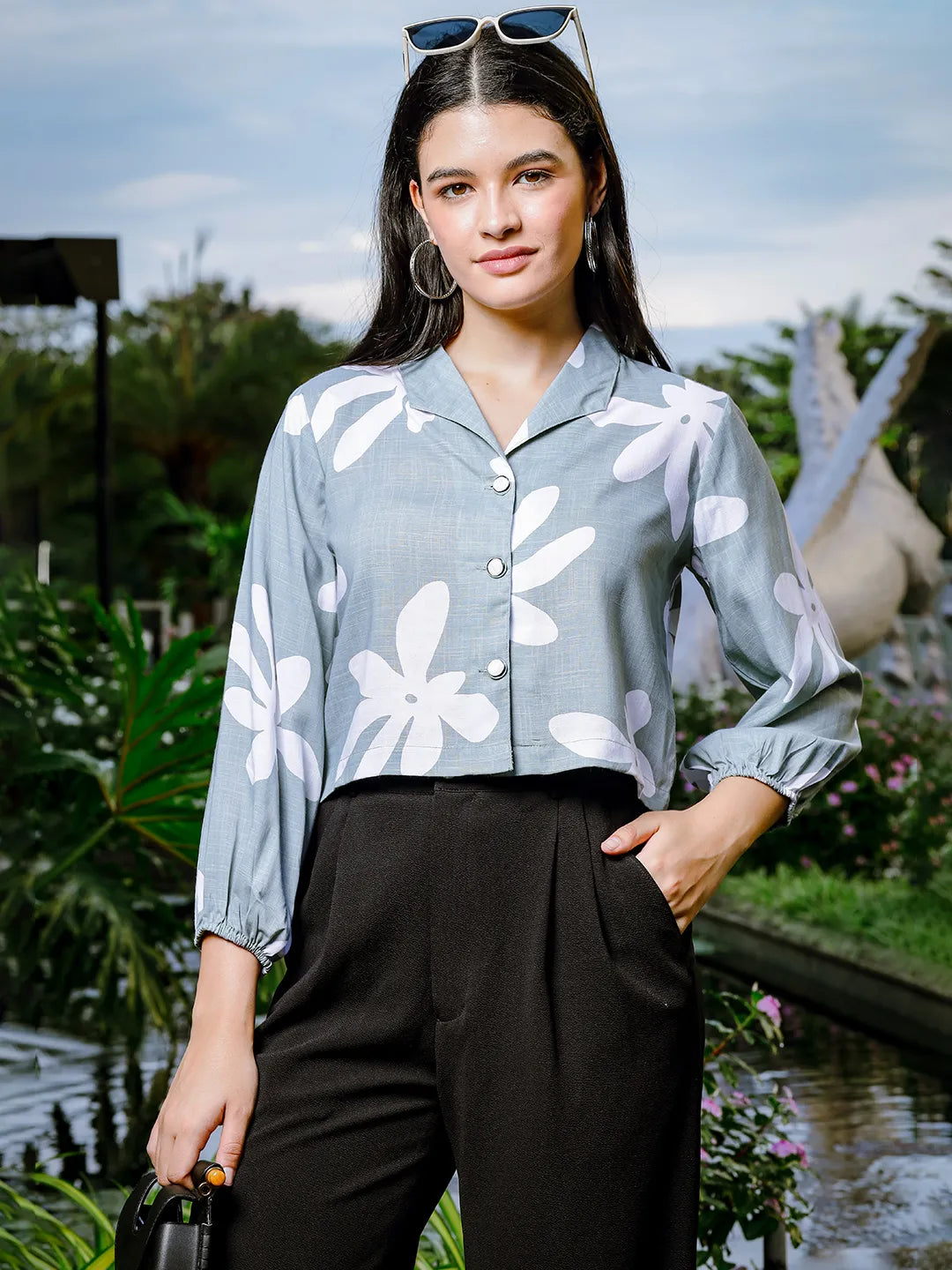 Yufta Green Cotton Linen Bishop Sleeve Shirt Style Top