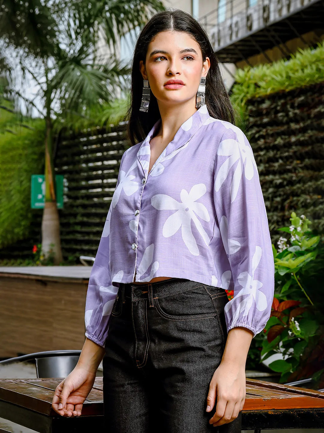 Yufta Lavender Cotton Linen Bishop Sleeve Formal Shirt Style Top - Distacart