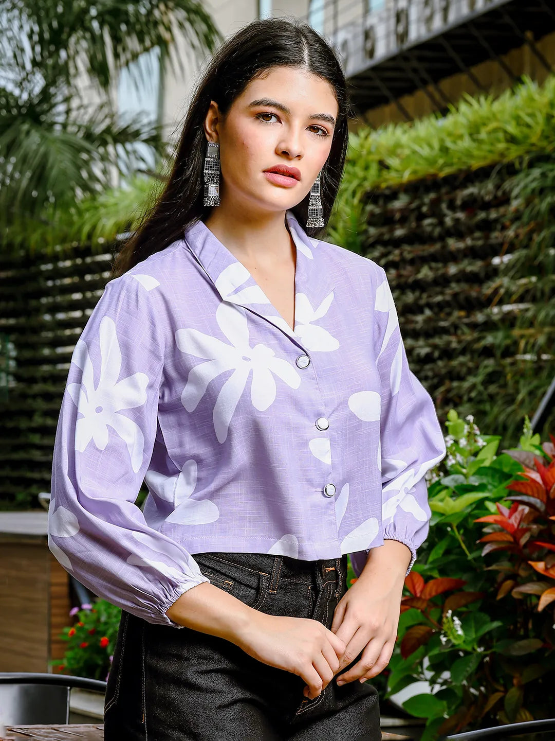Yufta Lavender Cotton Linen Bishop Sleeve Formal Shirt Style Top