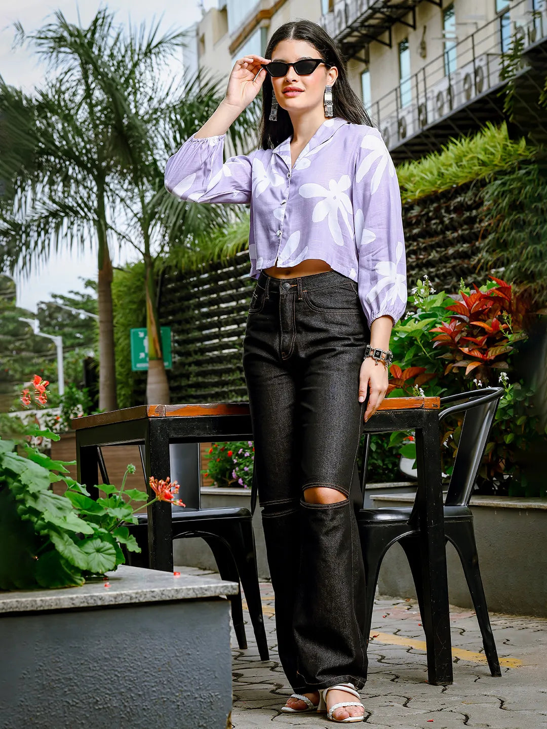Yufta Lavender Cotton Linen Bishop Sleeve Formal Shirt Style Top