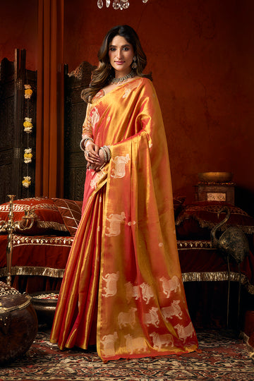 Monjolika Fashion Orange Tissue Silk Blend Saree With Cow Butta weaving work - Dista