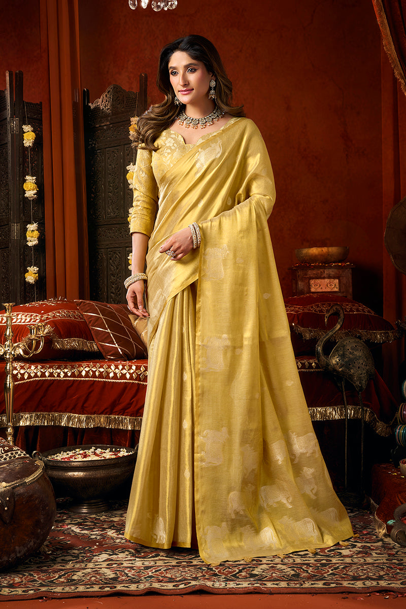 Monjolika Fashion Golden Yellow Tissue Silk Blend Saree With Cow Butta weaving work - Dista