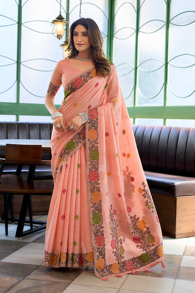 Monjolika Fashion Peach Floral Printed Linen Jacquard Saree with unstiched Blouse Piece - Dista