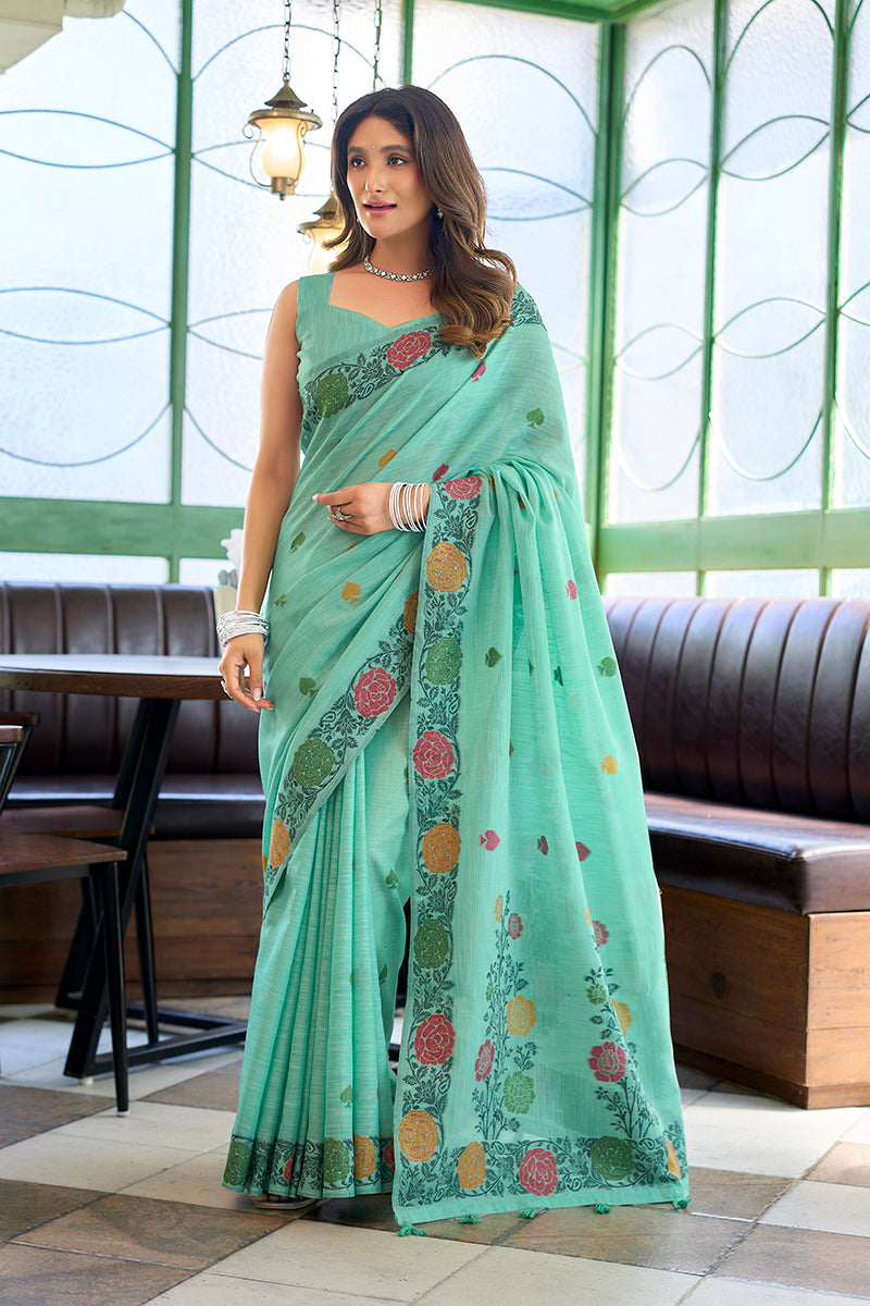 Monjolika Fashion Turquoise Floral Printed Linen Jacquard Saree with unstiched Blouse Piece - Dista