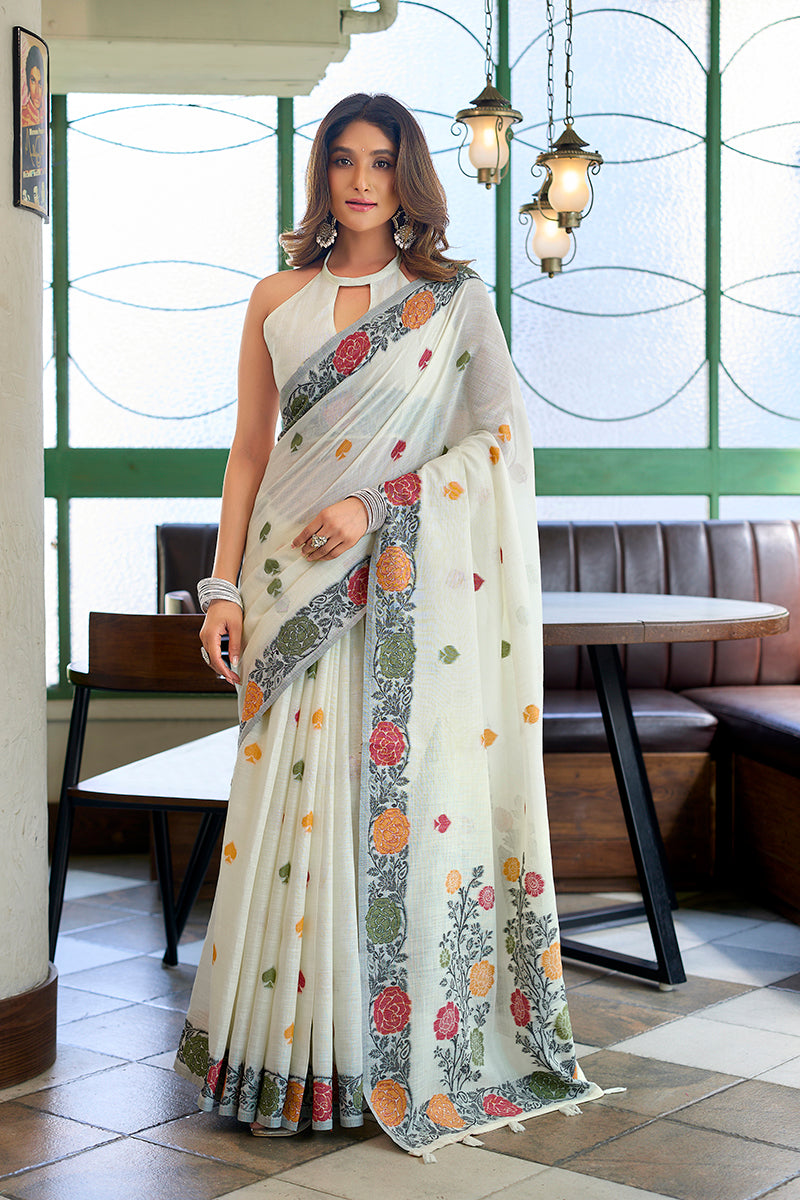 Monjolika Fashion Off White Floral Printed Linen Jacquard Saree with unstiched Blouse Piece - Dista
