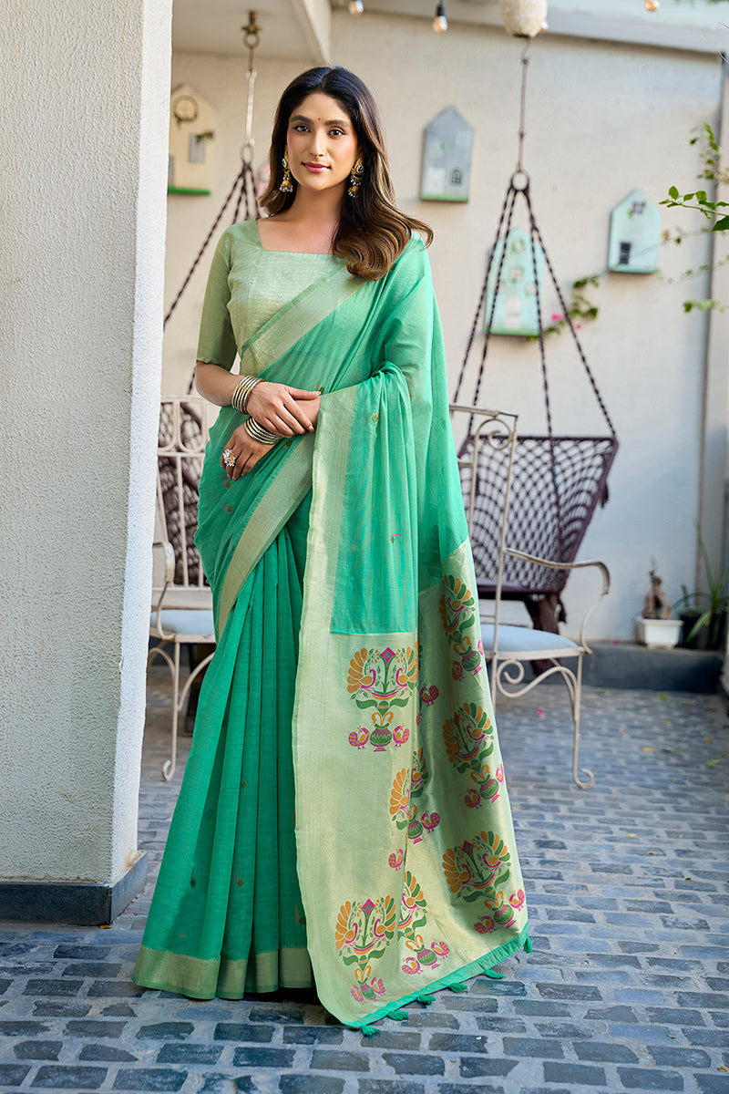Monjolika Fashion Sea Green Cotton Blend Jacquard Saree with Traditional Paithani Pallu - Dista