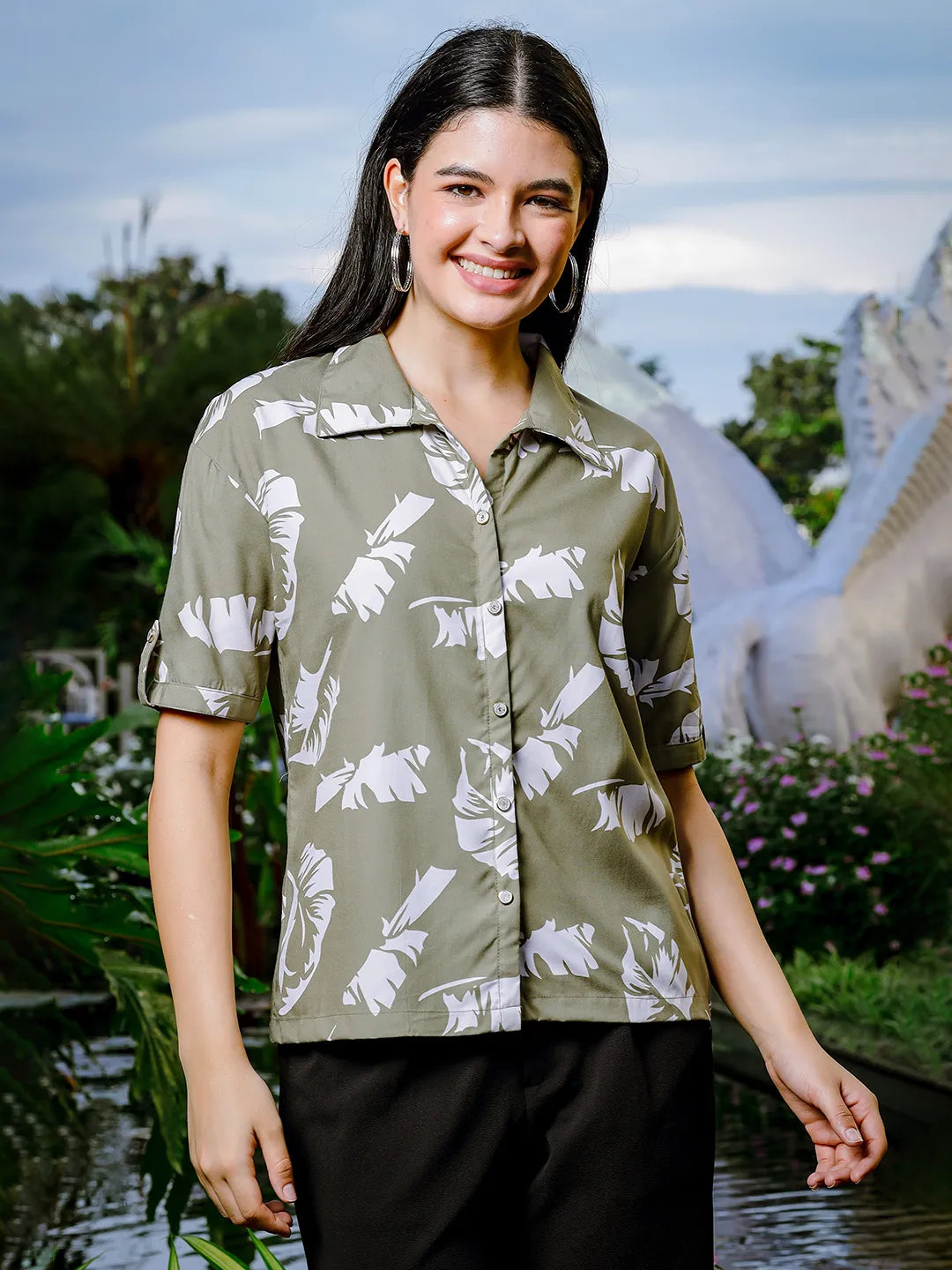 Yufta Green Liva Collared Shirt Style Top - Distacart