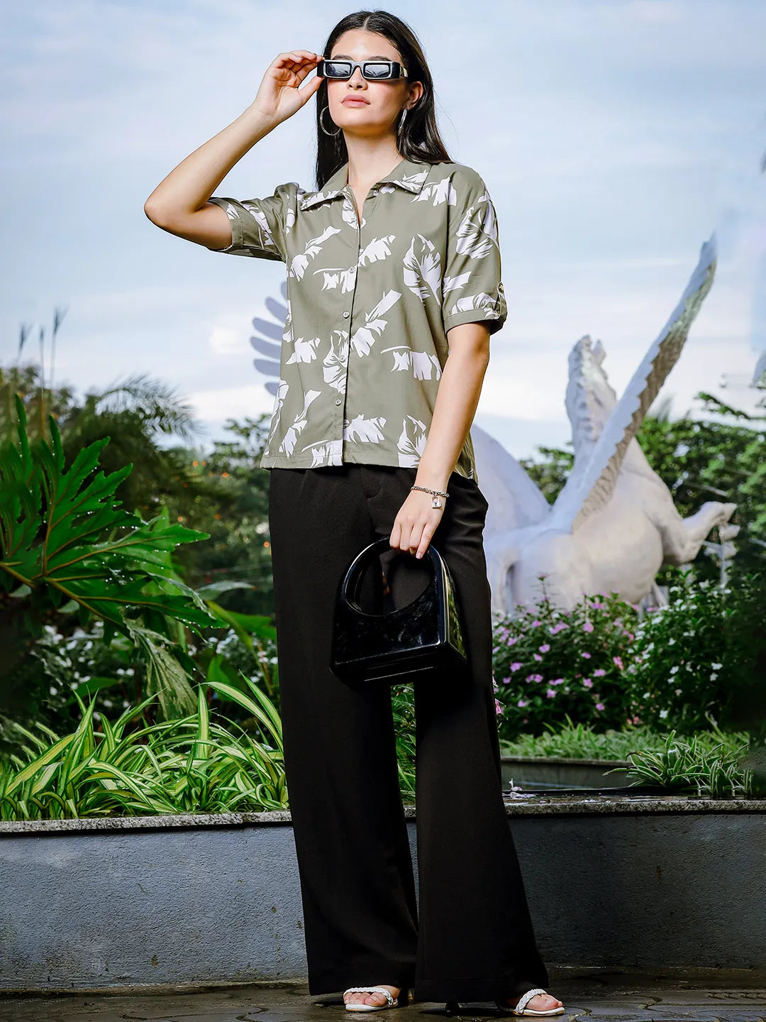 Yufta Green Liva Collared Shirt Style Top - Distacart