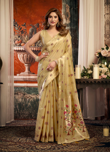 Monjolika Fashion Beige Kota Silk Blend Paithani Saree with Meenakari Floral Bootis - Dista