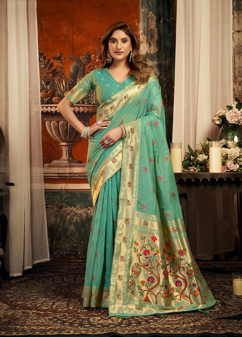 Monjolika Fashion Turquoise Kota Silk Blend Paithani Saree with Meenakari Floral Bootis - Dista