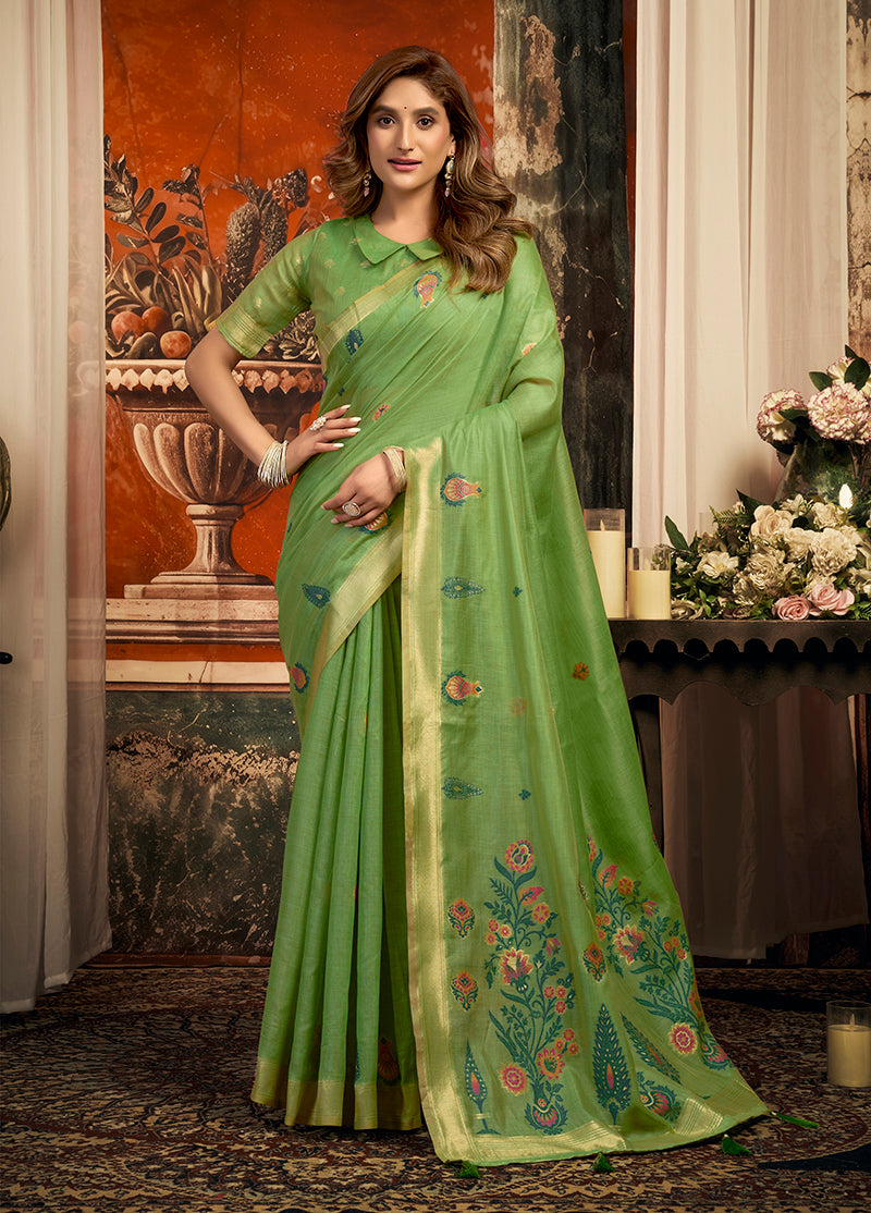 Monjolika Fashion Leaf Green Cotton Blend Saree with Meenakari Work And unstiched Blouse - Dista