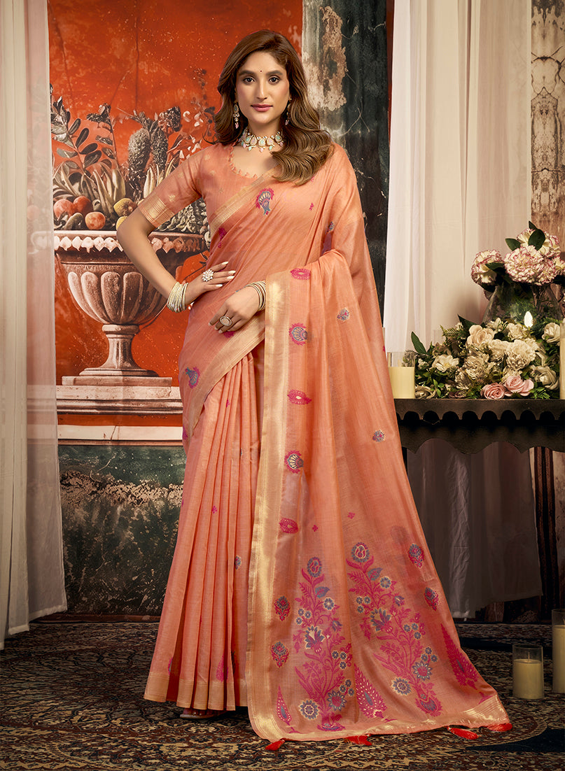 Monjolika Fashion Peach Cotton Blend Saree with Meenakari Work And unstiched Blouse - Dista