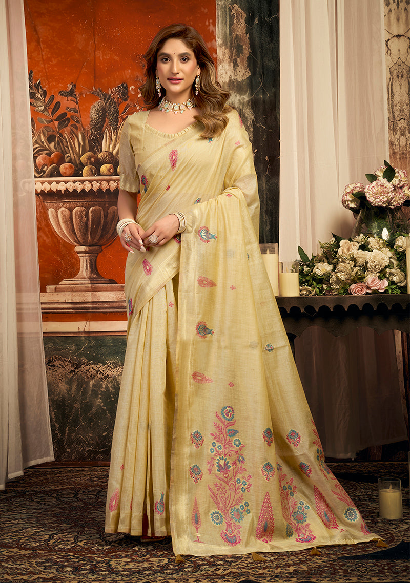 Monjolika Fashion Beige Cotton Blend Saree with Meenakari Work And unstiched Blouse - Dista