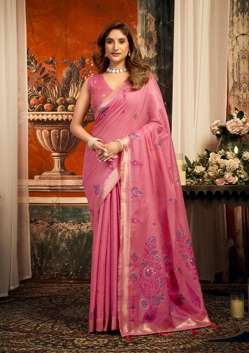 Monjolika Fashion Rose Pink Cotton Blend Saree with Meenakari Work And unstiched Blouse - Dista