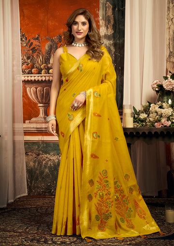 Monjolika Fashion Mustard Cotton Blend Saree with Meenakari Work And unstiched Blouse - Dista