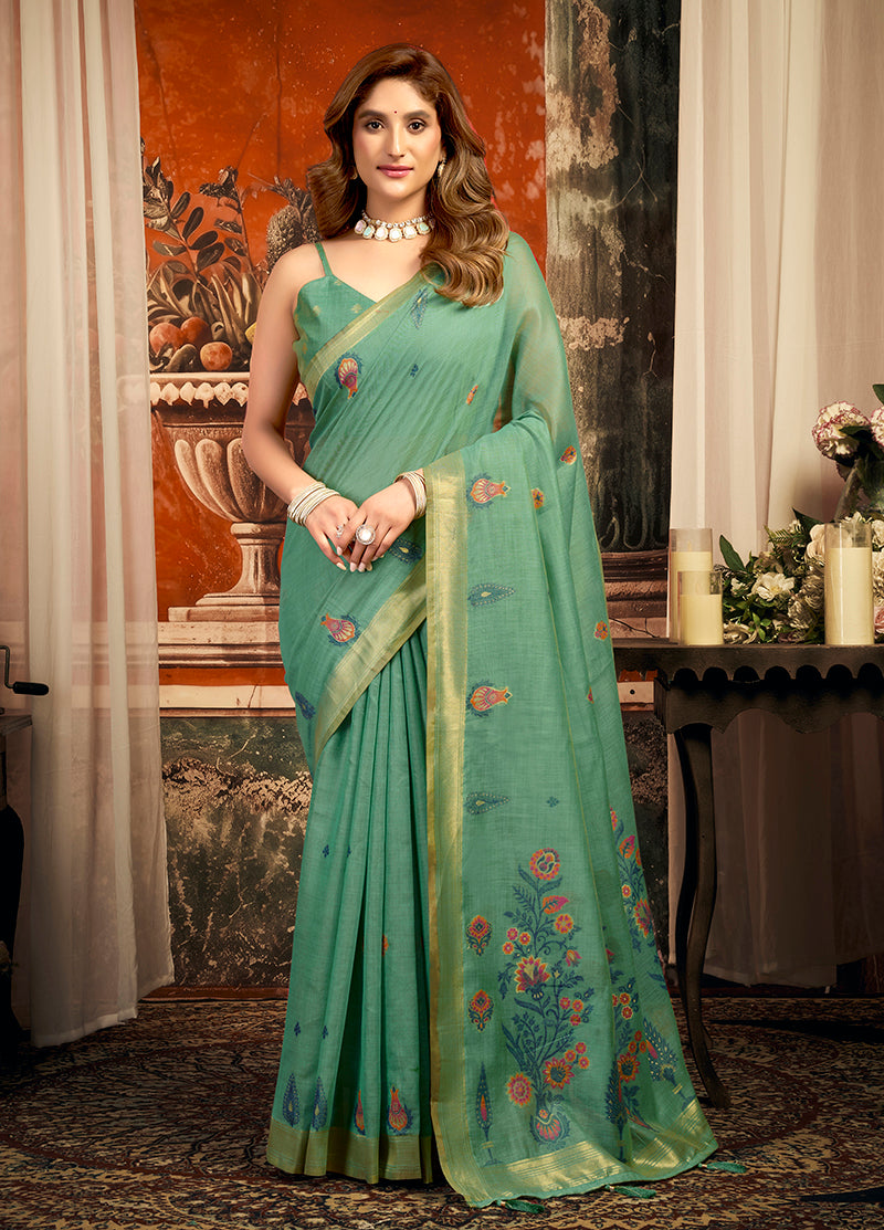Monjolika Fashion Teal Cotton Blend Saree with Meenakari Work And unstiched Blouse - Dista