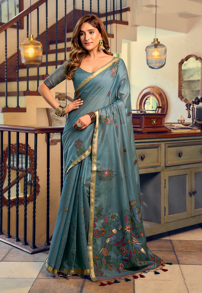 Monjolika Fashion Steel Blue Cotton Blend Saree With Litchi Work & Tassels - Dista