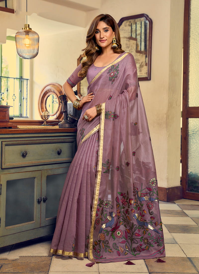 Monjolika Fashion Mauve Cotton Blend Saree With Litchi Work & Tassels - Dista