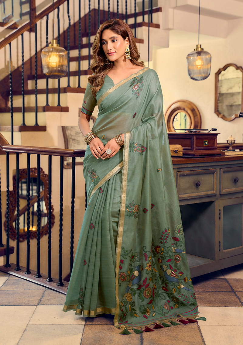 Monjolika Fashion Sage Green Cotton Blend Saree With Litchi Work & Tassels - Dista