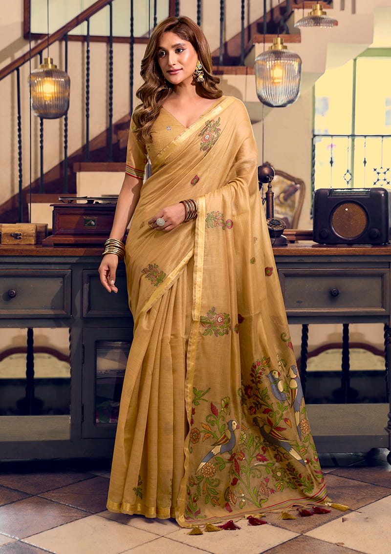 Monjolika Fashion Beige Cotton Blend Saree With Litchi Work & Tassels - Dista