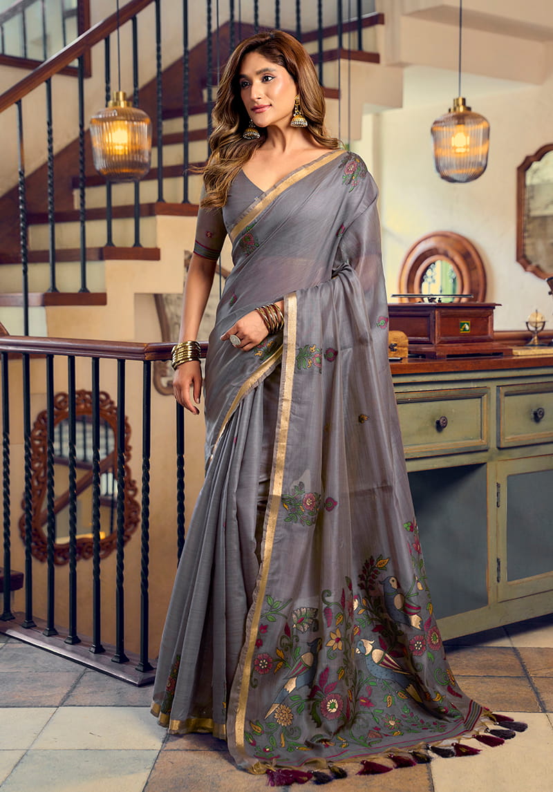 Monjolika Fashion Dark Grey Cotton Blend Saree With Litchi Work & Tassels - Dista