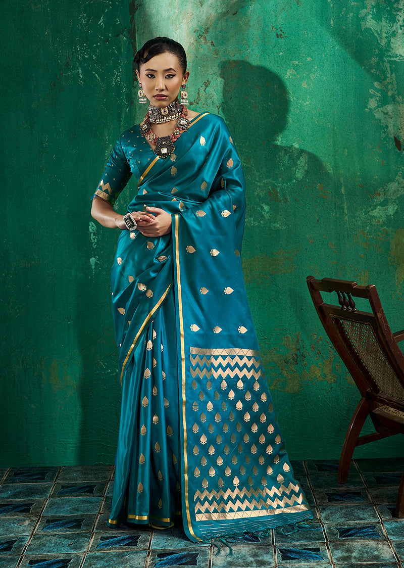 Monjolika Fashion Teal Blue Satin Silk Blend Saree with Gold Zari Buti
