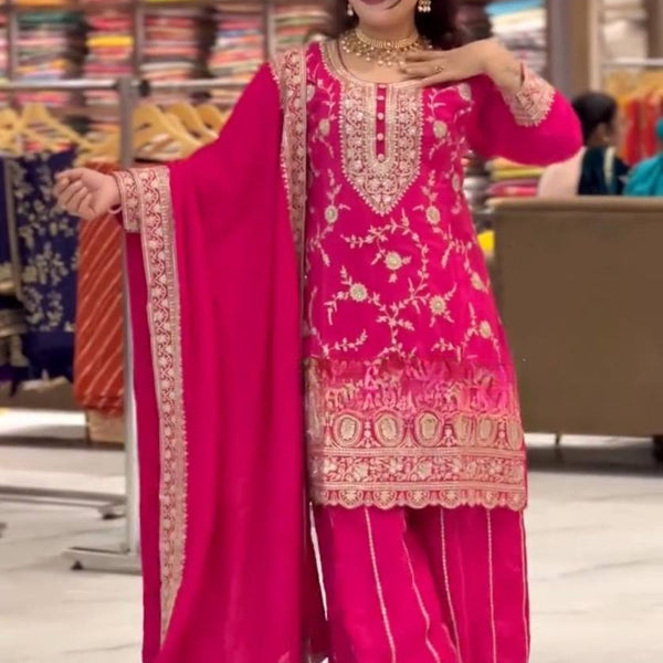 Yash Enterprise Pink Chinon Silk Party Wear Embroidery Suit Set - Distacart