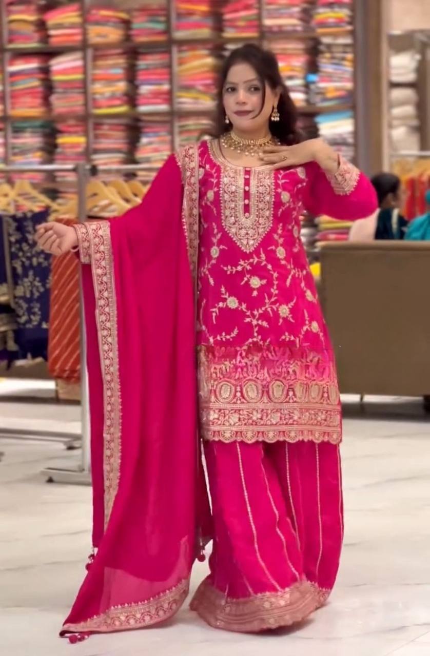Yash Enterprise Pink Chinon Silk Party Wear Embroidery Suit Set