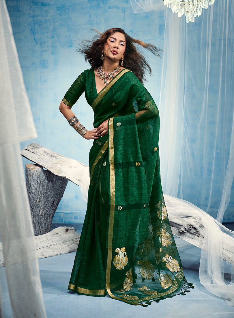 Monjolika Fashion Dark Green Linen Silk Blend Saree with Gold Zari Border & Floral Woven Pallu - Dista
