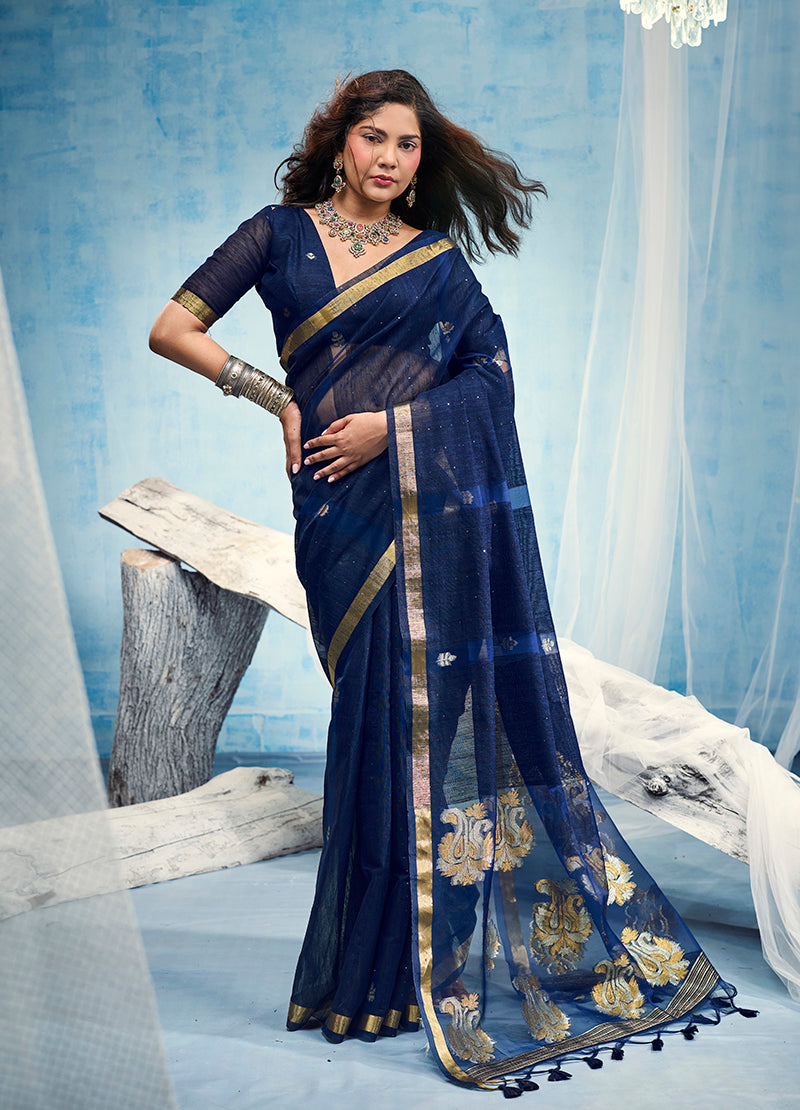 Monjolika Fashion Navy Blue Linen Silk Blend Saree with Gold Zari Border & Floral Woven Pallu - Dista